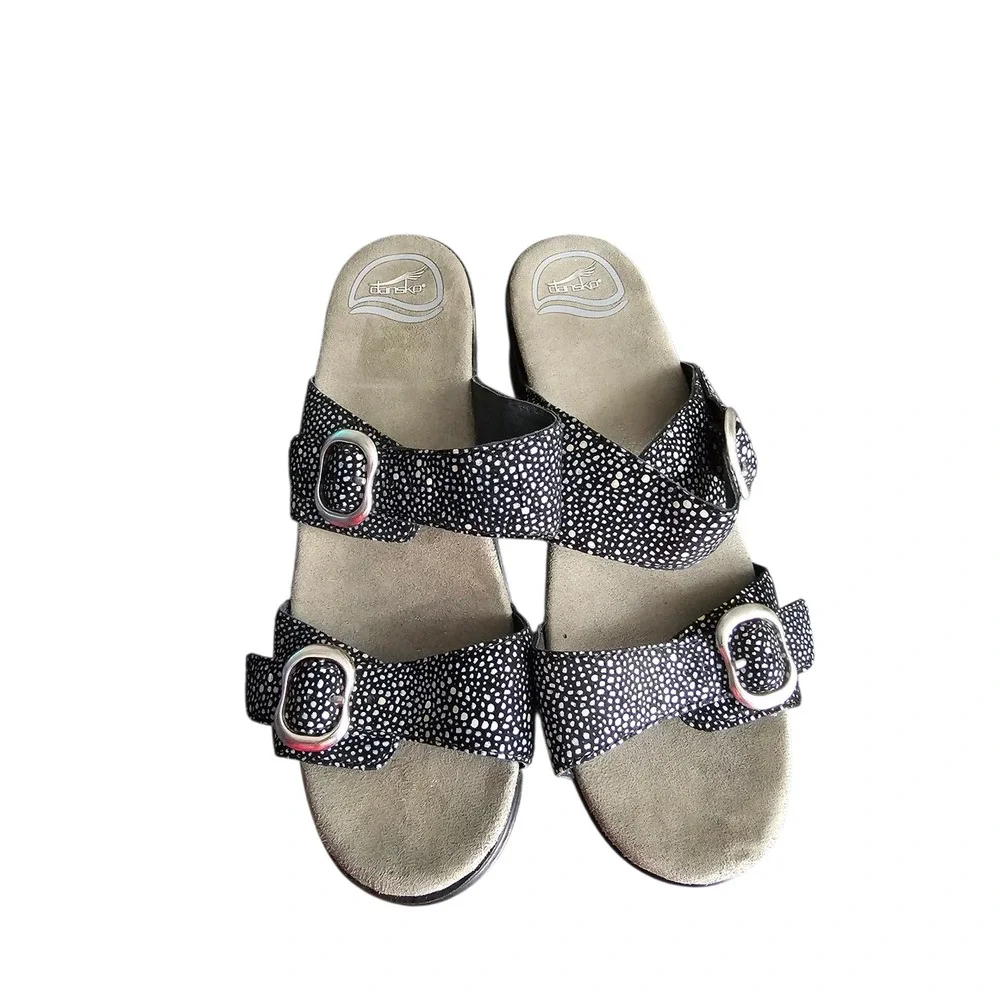 Dansko Sophie Wedge Black Dot Leather Slip On Sandals Size 39 US 8.5-9 - Picture 7 of 11